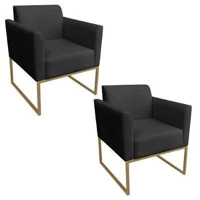 Kit 2 Poltronas Decorativas Base Industrial Dourada Maressa S07 Suede Preto - Ibiza