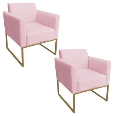 Kit 2 Poltronas Decorativas Base Industrial Dourada Maressa S19 Suede Rosa Bebê - Ibiza