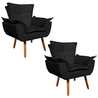 Kit 2 Poltronas Decorativas Sala De Estar Pés Palito Opla Suede Preto - Ibiza