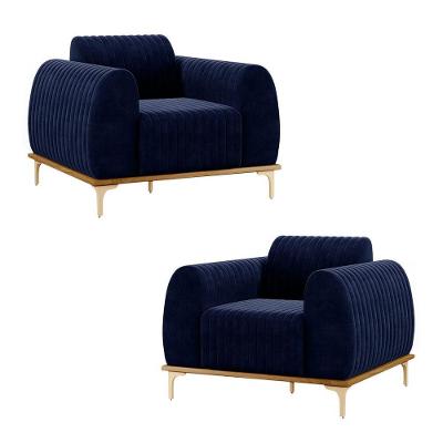 Kit 2 Poltronas Decorativas Sala De Estar Base De Madeira Euro Veludo Azul Marinho