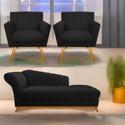 Kit Diva Recamier Vanessa 140Cm Lado Direito E 02 Poltronas Laura Suede Cor Preto
