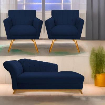 Kit Diva Recamier Vanessa 160Cm Lado Direito E 02 Poltronas Laura Suede Cor Azulmarinho