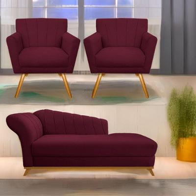 Kit Diva Recamier Vanessa 185Cm Lado Direito E 02 Poltronas Laura Suede Cor Bordô