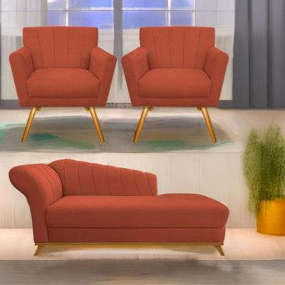 Kit Diva Recamier Vanessa 160Cm Lado Direito E 02 Poltronas Laura Suede Cor Terracota
