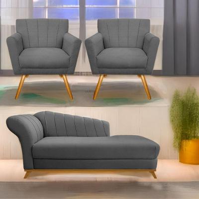 Kit Diva Recamier Vanessa 160Cm Lado Direito E 02 Poltronas Laura Suede Cor Cinza
