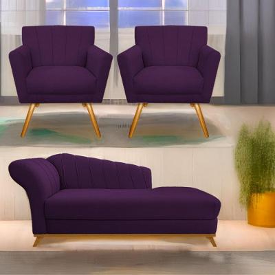 Kit Diva Recamier Vanessa 140Cm Lado Direito E 02 Poltronas Laura Suede Cor Roxo