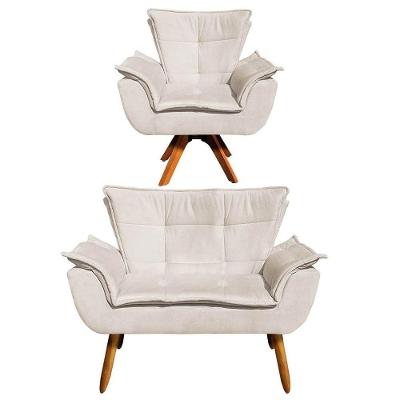 Kit Namoradeira 2 Lugares E 1 Poltrona Decorativa Giratória Madeira Opla Suede Bege - Ibiza