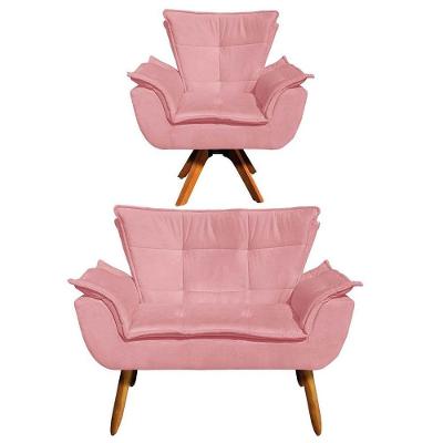 Kit Namoradeira 2 Lugares E 1 Poltrona Decorativa Giratória Madeira Opla Suede Rose - Ibiza