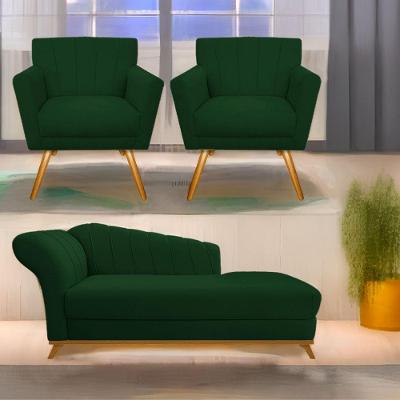 Kit Diva Recamier Vanessa 160Cm Lado Direito E 02 Poltronas Laura Suede Cor Verde