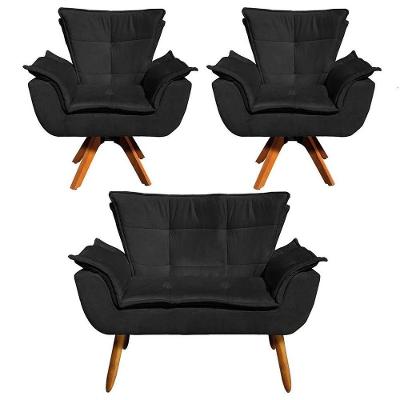 Kit Namoradeira E 2 Poltronas Base Giratória Madeira Opla Suede Preto - Ibiza