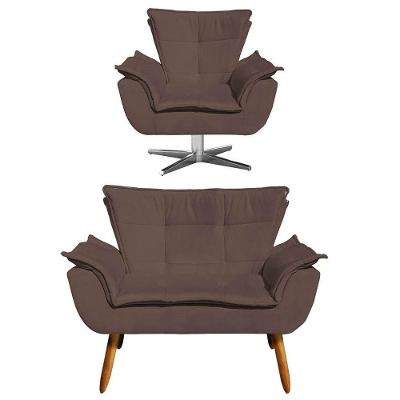 Kit Namoradeira 2 Lugares E 1 Poltrona Decorativa Giratória Cromada Opla Suede Marrom - Ibiza