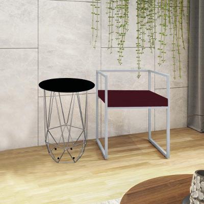 Kit Poltrona Cubo Com Mesa Lizie Ferro Cinza Tampo Redondo Preto Suede Bordô