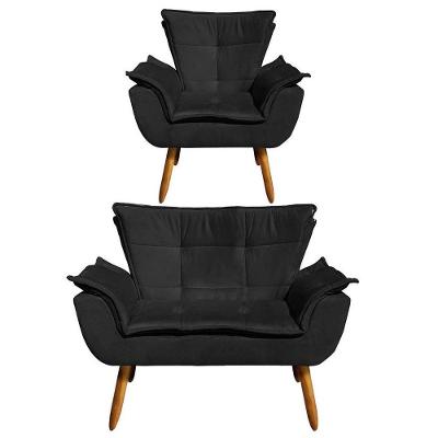 Kit Namoradeira 2 Lugares E 1 Poltrona Decorativa Pés Palito Opla Suede Preto - Ibiza