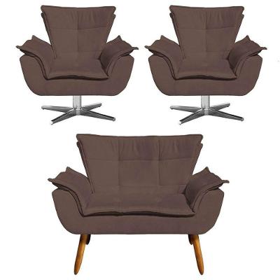 Kit Namoradeira E 2 Poltronas Giratórias Cromada Opla Suede Marrom - Ibiza