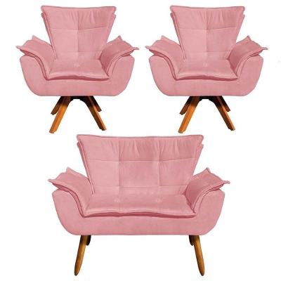 Kit Namoradeira E 2 Poltronas Base Giratória Madeira Opla Suede Rose - Ibiza