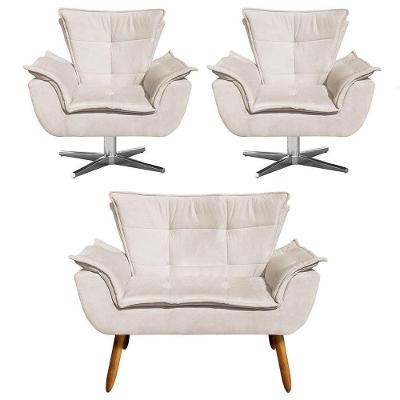 Kit Namoradeira E 2 Poltronas Giratórias Cromada Opla Suede Bege - Ibiza