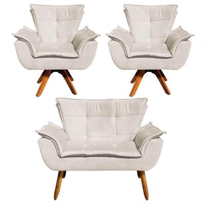 Kit Namoradeira E 2 Poltronas Base Giratória Madeira Opla Suede Bege - Ibiza