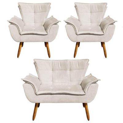 Kit Namoradeira 2 Lugares E 2 Poltronas Decorativas Pés Palito Opla Suede Bege - Ibiza