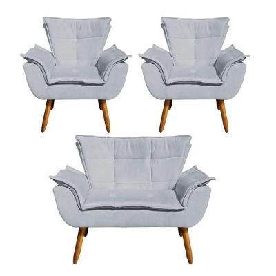 Kit Namoradeira 2 Lugares E 2 Poltronas Decorativas Pés Palito Opla Suede Cinza - Ibiza