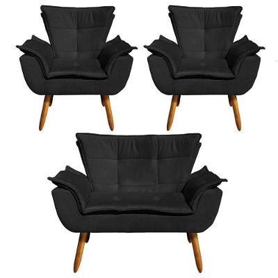 Kit Namoradeira 2 Lugares E 2 Poltronas Decorativas Pés Palito Opla Suede Preto - Ibiza
