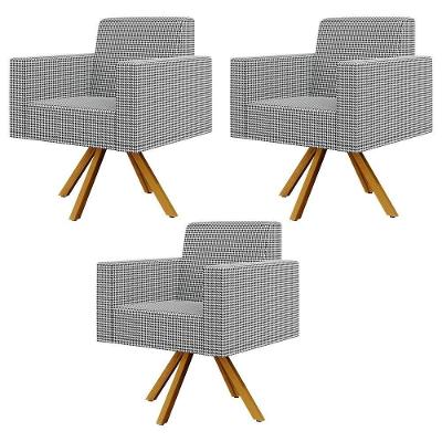 Kit 03 Poltronas Base Giratória De Madeira Pied Poule