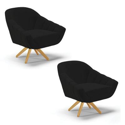 Kit 02 Poltronas Giratória Linho Base Madeira Preto