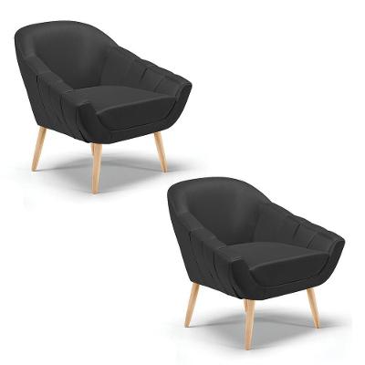 Kit 02 Poltronas Corino Pés Palito Natural Preto