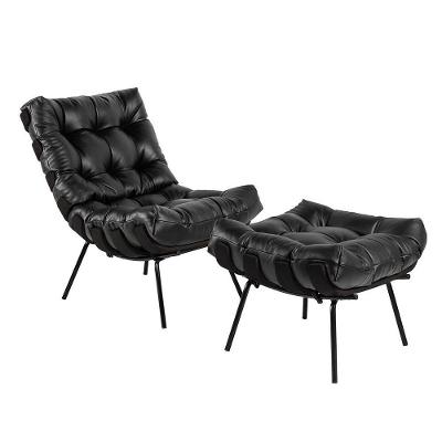 Poltrona E Puff Decorativos Sala De Estar Costela Base Preta Couro Preto - Gran Belo