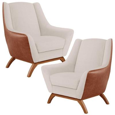 Kit 02 Poltronas Base Em Madeira Camel B-14 Linho Cru C-443
