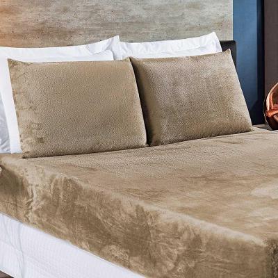 Jogo De Cama Lençol Biasoft Casal Queen Manta Flannel Toque Extra Macio 03 Peças - Cáqui