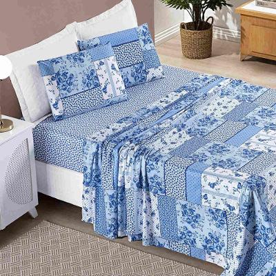 Jogo De Cama Lençol Casal Padrão 04 Peças Microfibra Estampada Ayla - Azul Sereno