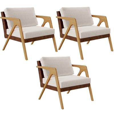 Kit 03 Poltronas Pietra L02 Couríssimo Marrom Linho Cru