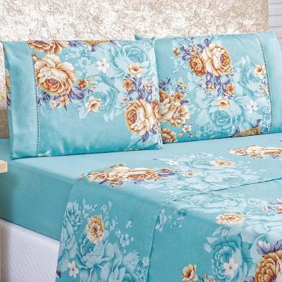 Jogo De Cama Lençol Real Casal King Micro Percal 200 Fios 04 Peças Jasmin Floral Azul