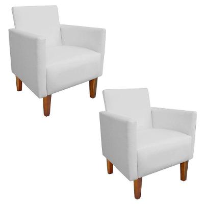 Kit 02 Poltronas de Corino Branco Pés Chanfrado Castanho