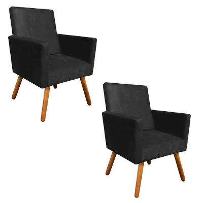 Kit 02 Poltronas Nina Suede Preto Pés Palito Castanho