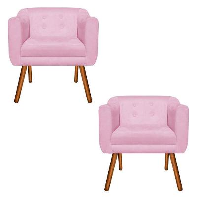 Kit 02 Poltronas Julia Suede Rosa Bebê Pés Palito Castanho