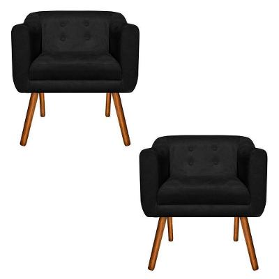 Kit 02 Poltronas Julia Suede Preto Pés Palito Castanho