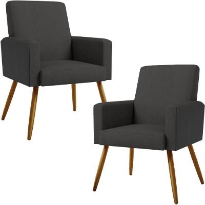 Kit 02 Poltronas Pés Palito Linho Chumbo Couríssimo Preto