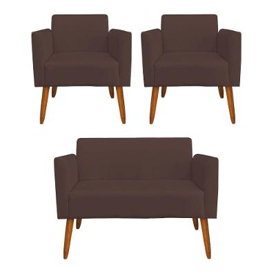 Kit 1 Namoradeira e 2 Poltronas Marisa Suede Castanho Marrom