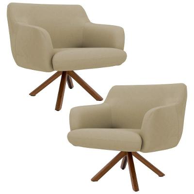 Kit 2 Poltronas Giratórias Base Madeira Veludo Bege