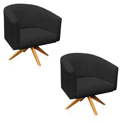 Kit 2 Poltronas Giratória Stella Linho Preto Base Madeira