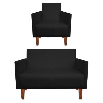 Kit Namoradeira e 1 Poltrona Jade Corino Preto Pés Castanho