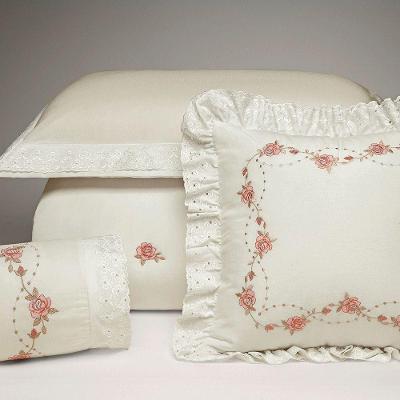 Kit Cobre Leito Casal Queen Holambra 06 Peças Tecido Percal 200 Fios Bordado Floral - Palha