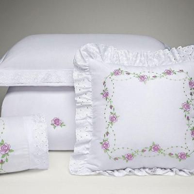 Kit Cobre Leito Casal Queen Holambra 06 Peças Tecido Percal 200 Fios Bordado Floral - Branco