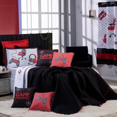 Kit Cobre Leito Game Streamer Dupla Face C/ Almofadas Solteiro 05pçs Vermelho