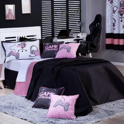 Kit Cobre Leito Game Streamer Dupla Face C/ Almofadas Solteiro 05pçs Rosê