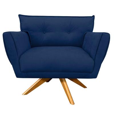 Poltrona Giratória Anitta Suede Base Madeira Azul Marinho