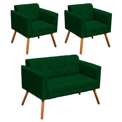 01 Namoradeira e 02 Poltronas Elisa Suede Pés Palito Verde