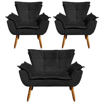 Kit 01 Namoradeira E 02 Poltronas Opala Suede Preto