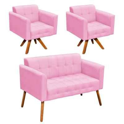 Kit 01 Namoradeira E 02 Poltronas Elisa Suede Rosa Bebê